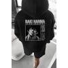 Baskılı Kapüşonlu ve Kordon İpli Sweat - Siyah -