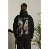 Baskılı Oversize Üç İplik Kapüşonlu Sweatshirt - Siyah