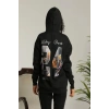 Baskılı Oversize Üç İplik Kapüşonlu Sweatshirt - Siyah