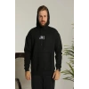 Baskılı Oversize Üç İplik Kapüşonlu Sweatshirt - Siyah
