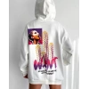 Baskılı Üç İplik Kapüşonlu Oversize Sweatshirt - Beyaz -