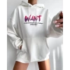 Baskılı Üç İplik Kapüşonlu Oversize Sweatshirt - Beyaz -