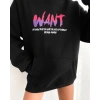 Baskılı Üç İplik Kapüşonlu Oversize Sweatshirt - Siyah -