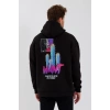 Baskılı Üç İplik Kapüşonlu Oversize Sweatshirt - Siyah -