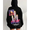 Baskılı Üç İplik Kapüşonlu Oversize Sweatshirt - Siyah -