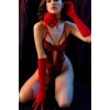 Bordo Transparan Çiçek Dantel Detaylı Seksi Body,fantezi İç Giyim Takımı Eldivenli, Seksi 3lü Set