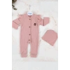 Boydan Düğmeli Şapkalı % 100 Pamuk Kız Bebek Tulumu