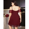 Büyük Beden Bordo Dantel İşlemeli İnce Askılı Gecelik