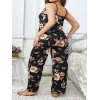 Büyük Beden Siyah Üstüne Çiçek Desenli İnce Askılı 2li Pijama Takımı