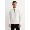 Dik Yaka Sweatshirt Dik Yaka Yarım Fermuarlı 3 İplik Şardonlu Pamuk Kumaş - Beyaz -
