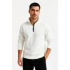 Dik Yaka Sweatshirt Dik Yaka Yarım Fermuarlı 3 İplik Şardonlu Pamuk Kumaş - Beyaz -