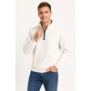 Dik Yaka Sweatshirt Dik Yaka Yarım Fermuarlı 3 İplik Şardonlu Pamuk Kumaş - Beyaz -