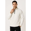 Dik Yaka Sweatshirt Dik Yaka Yarım Fermuarlı 3 İplik Şardonlu Pamuk Kumaş - Beyaz -