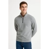Dik Yaka Sweatshirt Dik Yaka Yarım Fermuarlı 3 İplik Şardonlu Pamuk Kumaş - Gri -