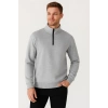 Dik Yaka Sweatshirt Dik Yaka Yarım Fermuarlı 3 İplik Şardonlu Pamuk Kumaş - Gri -