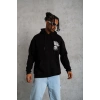 Erkek 3 İplik Pamuklu Kapüşonlu Baskılı Cepli Oversize Sweatshirt Hoodie - Siyah