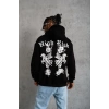 Erkek 3 İplik Pamuklu Kapüşonlu Baskılı Cepli Oversize Sweatshirt Hoodie - Siyah