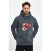 Erkek 3 İplik Pamuklu Kapüşonlu Cepli Boks Eldiven Baskılı Hoodie Sweatshirt - Füme
