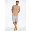 Erkek Fitilli Atlet Sıfır Yaka Slim Fit Arka Baskılı Spor Atlet - Bej