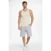 Erkek Fitilli Atlet Sıfır Yaka Slim Fit Arka Baskılı Spor Atlet - Krem