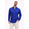 Erkek KETEN Kumaş Oversize Uzun Kollu Rahat Kalıp Gömlek - Saks Mavisi