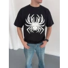 Erkek Örümcek Baskılı Tişört Kısa Kollu Bisiklet Yaka T-Shirt - Siyah