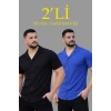 Erkek Waffle Kumaş Açık Yakalı Düğmeli Regular Fit Gömlek 2’li Set Siyah-Saks Mavisi