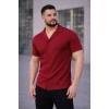 Erkek Waffle Kumaş Kısa Kollu Düğmeli Açık Yaka Regular Fit Gömlek - Kırmızı
