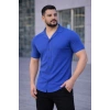Erkek Waffle Kumaş Kısa Kollu Düğmeli Açık Yaka Regular Fit Gömlek - Saks Mavisi