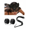 Fantezi Deri Seksi Siyah Kedi Maske Kelepçe Kırbaç Seti ( 3lü Set)