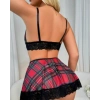 Fantezi Seksi Dantelli Ekose Sütyen Mini Etek Takım