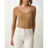 Fitilli Likralı Body Crop - Camel