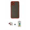 ieg™ iPhone 11 Pro Max Kılıf Ahenk Çizgi Serisi - Siyah Polymer Nano Ekran Koruyucu + Kırmızı Pers Alüminyum Kamera Lens