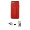 ieg™ iPhone 11 Pro Max Kılıf Akış Doku - Siyah 6D Mat Seramik Hayalet Nano Ekran Koruyucu + Kırmızı Pers Alüminyum Kamera Lens