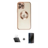 ieg™ iPhone 12 Pro Kılıf Pusula Form - Siyah 3D Antistatik Hayalet Cam Ekran Koruyucu + Şeffaf Kamera Lens Koruma Cam