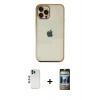 ieg™ iPhone 12 Pro Kılıf Vadi Minimal - Siyah 34D Hayalet Izgaralı Cam + Mavi Shine Kamera Lens
