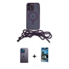 ieg™ iPhone 12 Pro Max Kılıf Eksen Özel Seri - Siyah 34D Izgaralı Cam + Mavi Neon Fosforlu Kamera Lens