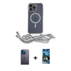 ieg™ iPhone 12 Pro Max Kılıf Eksen Özel Seri - Siyah 34D Izgaralı Cam + Mavi Neon Fosforlu Kamera Lens