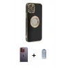 ieg™ iPhone 12 Pro Max Kılıf İz Form Serisi - Siyah Joko Magic 5D Cam + Turuncu Neon Fosforlu Kamera Lens