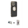 ieg™ iPhone 13 Pro Max Kılıf İz Form Serisi - Siyah Bilvis 3D Cam Ekran Koruyucu + Mavi Rainbow Kamera Lens Koruma Cam