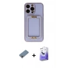 ieg™ iPhone 13 Pro Max Kılıf Kozmos Minimal Prime - Siyah Bilvis 5in1 5D Magic Hayalet Cam Ekran Koruyucu + Mor Metal Kamera Lens Koruma Cam