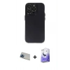 ieg™ iPhone 13 Pro Max Kılıf Ufuk Minimal Özel Seri - Siyah Bilvis 5in1 5D Magic Hayalet Cam Ekran Koruyucu + Mavi Rainbow Kamera Lens Koruma Cam