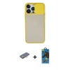 ieg™ iPhone 13 Pro Max Kılıf Vadi Çizgi - Siyah 18D Cam Ekran Koruyucu + Turuncu Renkli Kamera Lens Koruma Cam