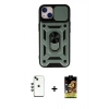 ieg™ iPhone 14 Kılıf Ahenk Klasik - Siyah Buffer Cam Ekran Koruyucu + Yeşil Shine Kamera Lens