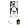 ieg™ iPhone 14 Kılıf Yadigar Klasik Özel Seri - Siyah Buffer Cam Ekran Koruyucu + Kırmızı Diamond Kamera Lens