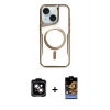 ieg™ iPhone 14 Kılıf Yadigar Klasik Özel Seri - Siyah Buffer Hayalet Cam Ekran Koruyucu + Turuncu PVD Metal Kamera Lens