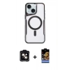 ieg™ iPhone 14 Kılıf Yadigar Klasik Özel Seri - Siyah Buffer Hayalet Cam Ekran Koruyucu + Turuncu PVD Metal Kamera Lens