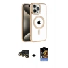 ieg™ iPhone 14 Pro Kılıf Eksen Form Koleksiyonu - Siyah Buffer Hayalet Cam Ekran Koruyucu + Gold Raze Metal Kamera Lens