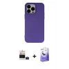 ieg™ iPhone 14 Pro Max Kılıf Ahenk Serisi - Siyah Bilvis 5in1 5D Magic Hayalet Cam Ekran Koruyucu + Derin Mor Bilvis Titan Kamera Lens