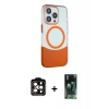 ieg™ iPhone 14 Pro Max Kılıf Çekirdek Asil Özel Seri - Şeffaf 360 Full Body Arka Koruyucu + Turuncu PVD Metal Kamera Lens
